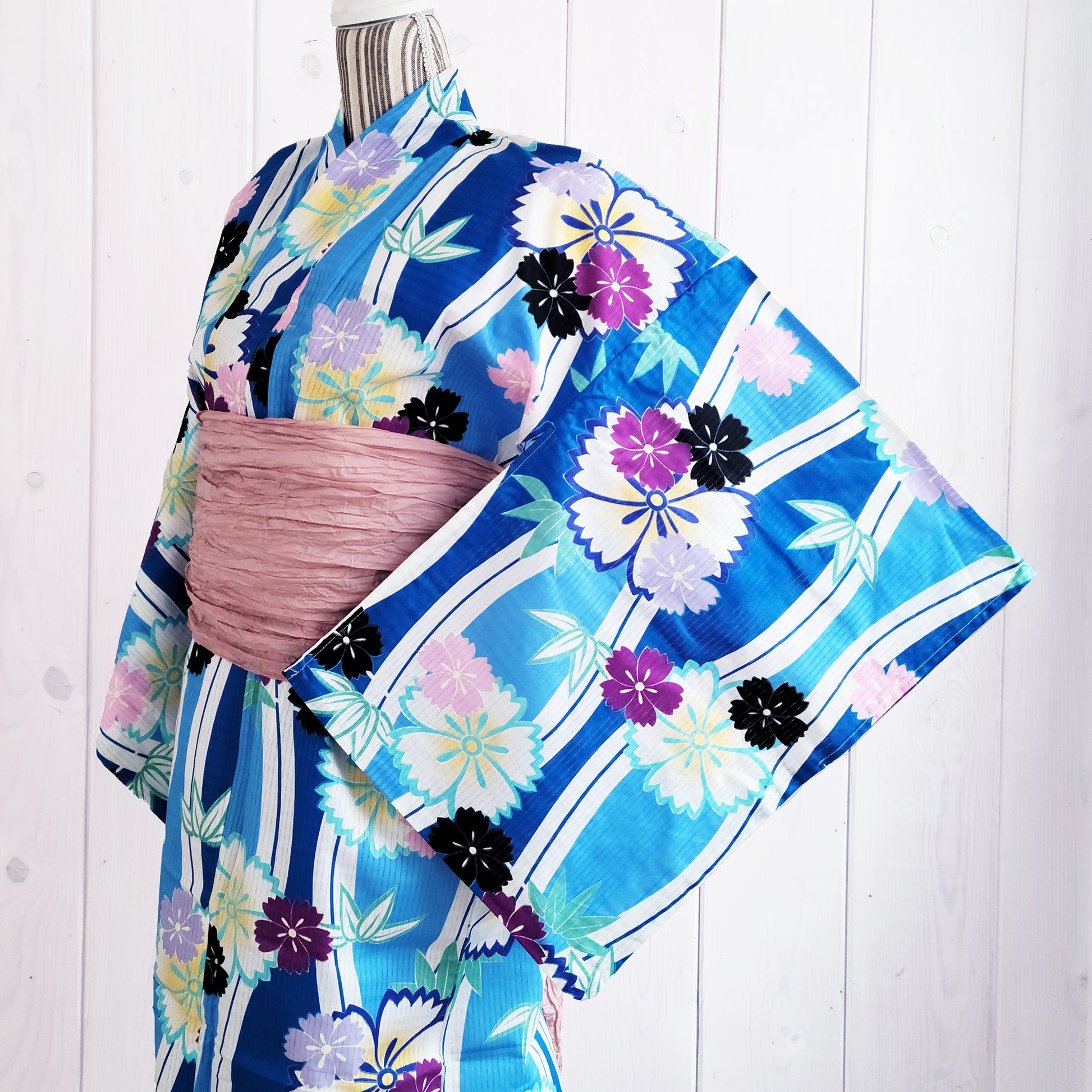 Women's Japanese Yukata Kimono - Cherry Blossoms and Bamboo Leaves in Blue