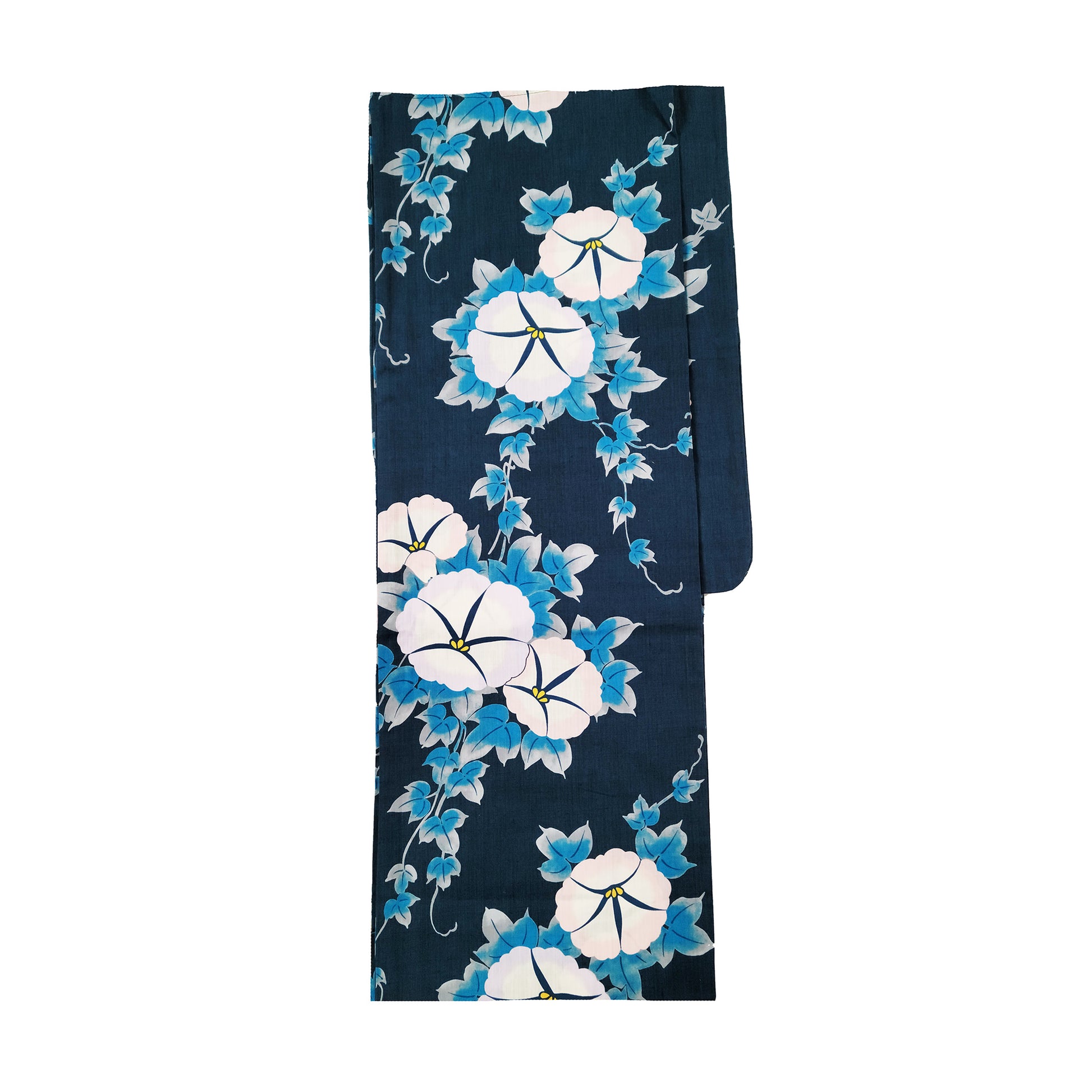 Women's Japanese Yukata Kimono - White Morning Glory in Indigo Blue