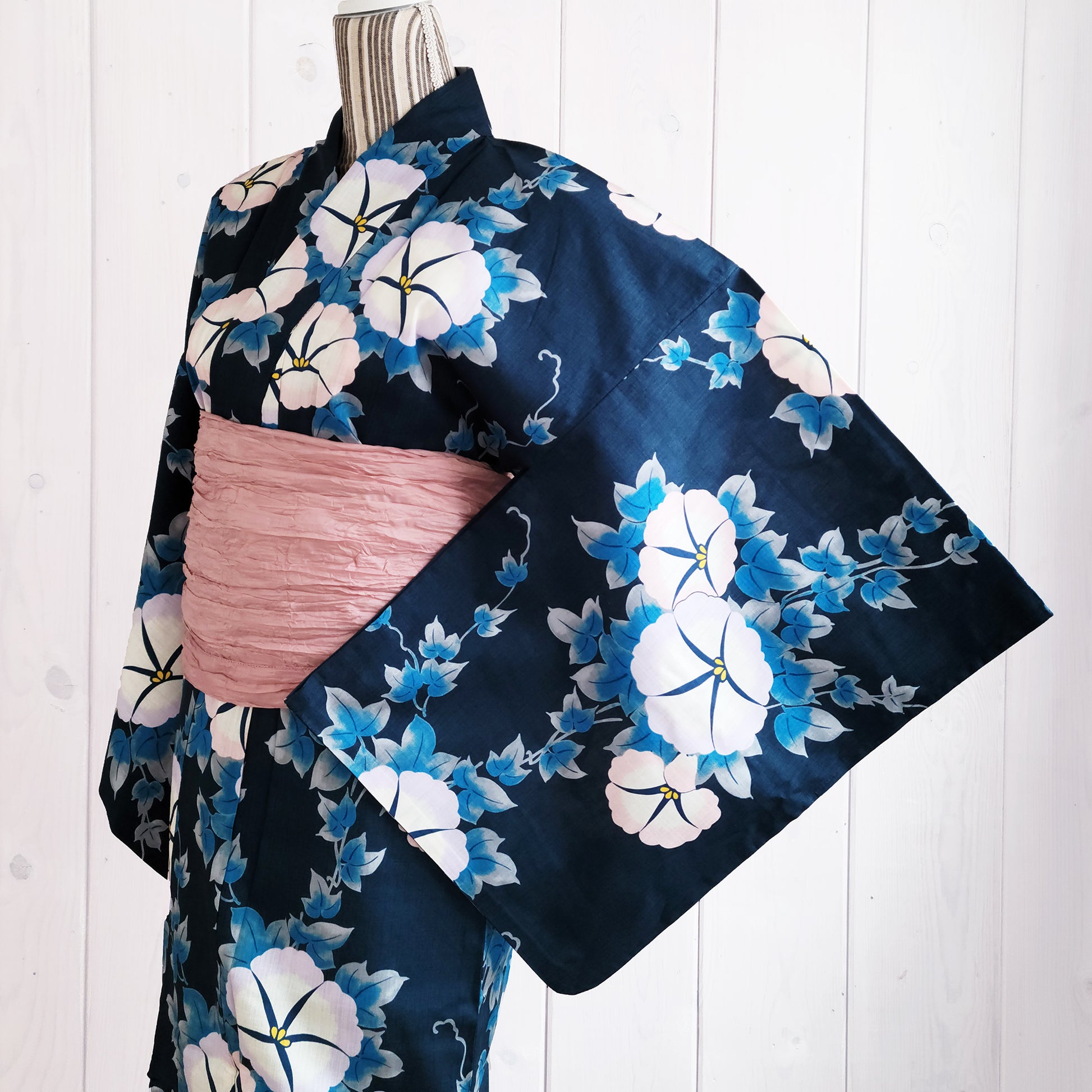 Women's Japanese Yukata Kimono - White Morning Glory in Indigo Blue