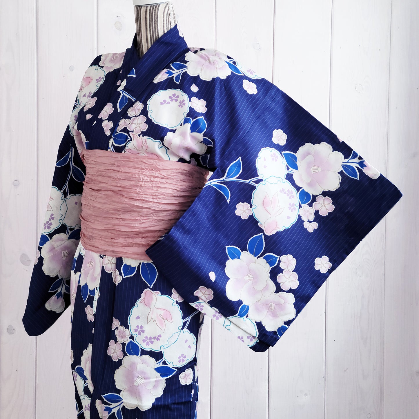 Women's Japanese Yukata Kimono - Pink Goldfish, Camellias, Cherry Blossoms in Blue