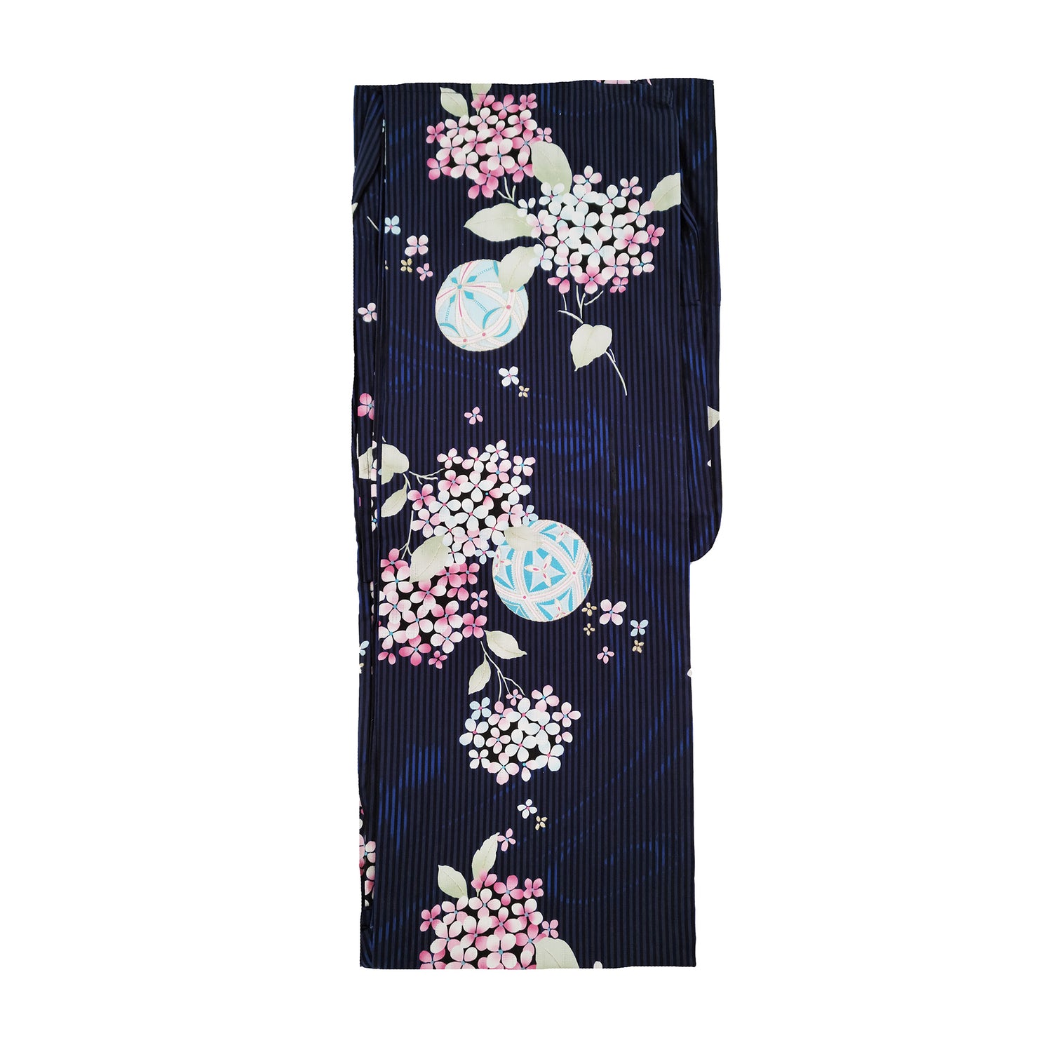 Women's Japanese Yukata Kimono - Pink Hydrangea, Temari Balls, and Goldfish in Navy Blue