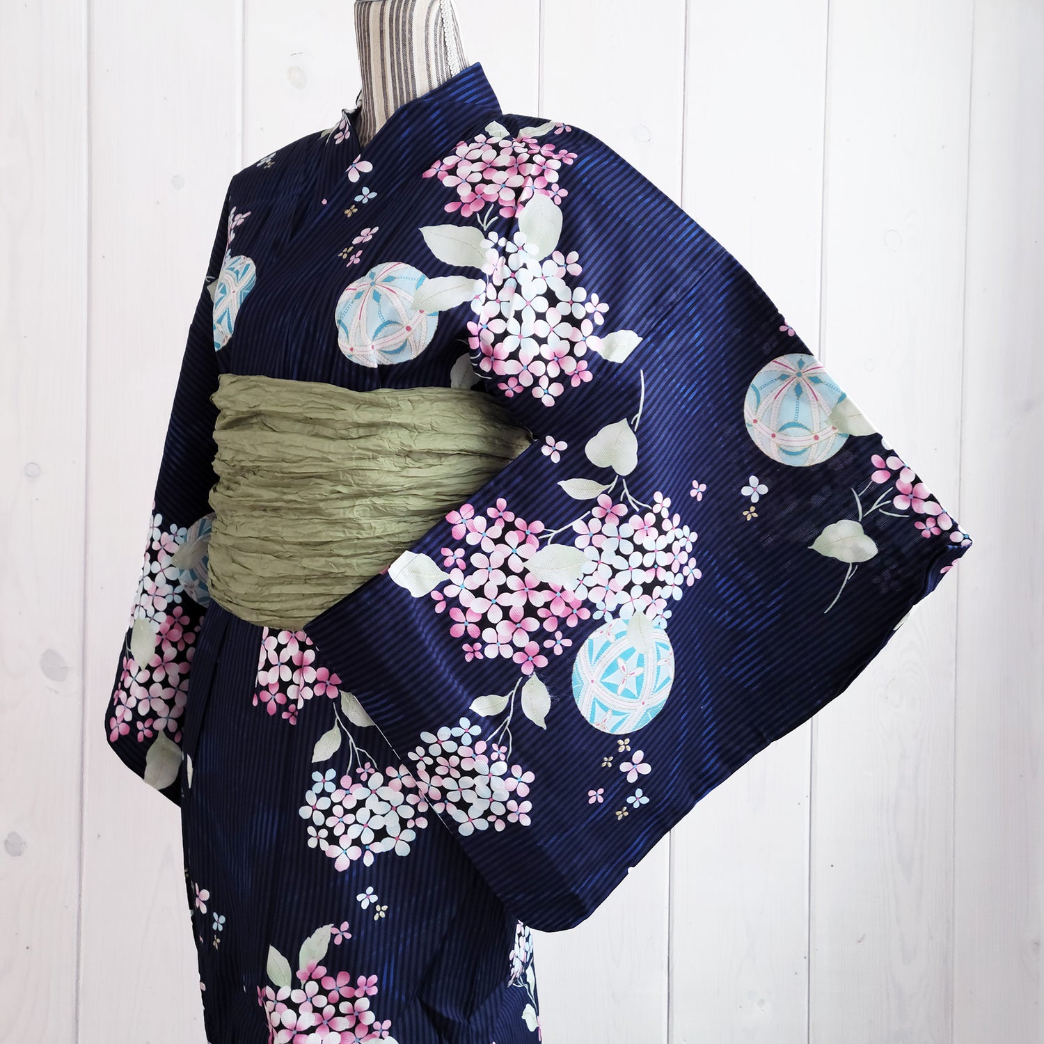 Women's Japanese Yukata Kimono - Pink Hydrangea, Temari Balls, and Goldfish in Navy Blue