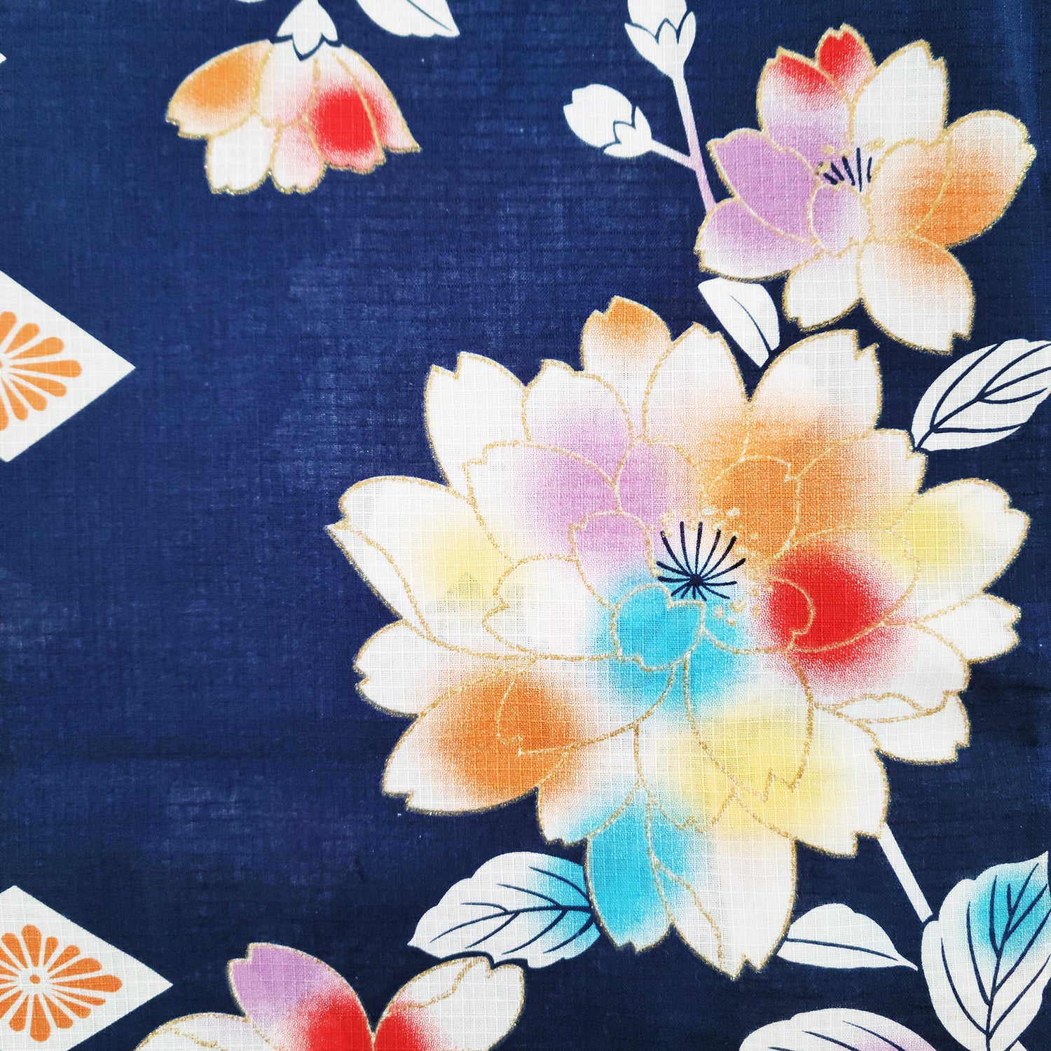 Women's Japanese Yukata Kimono - Rainbow Cherry Blossoms in Navy Blue