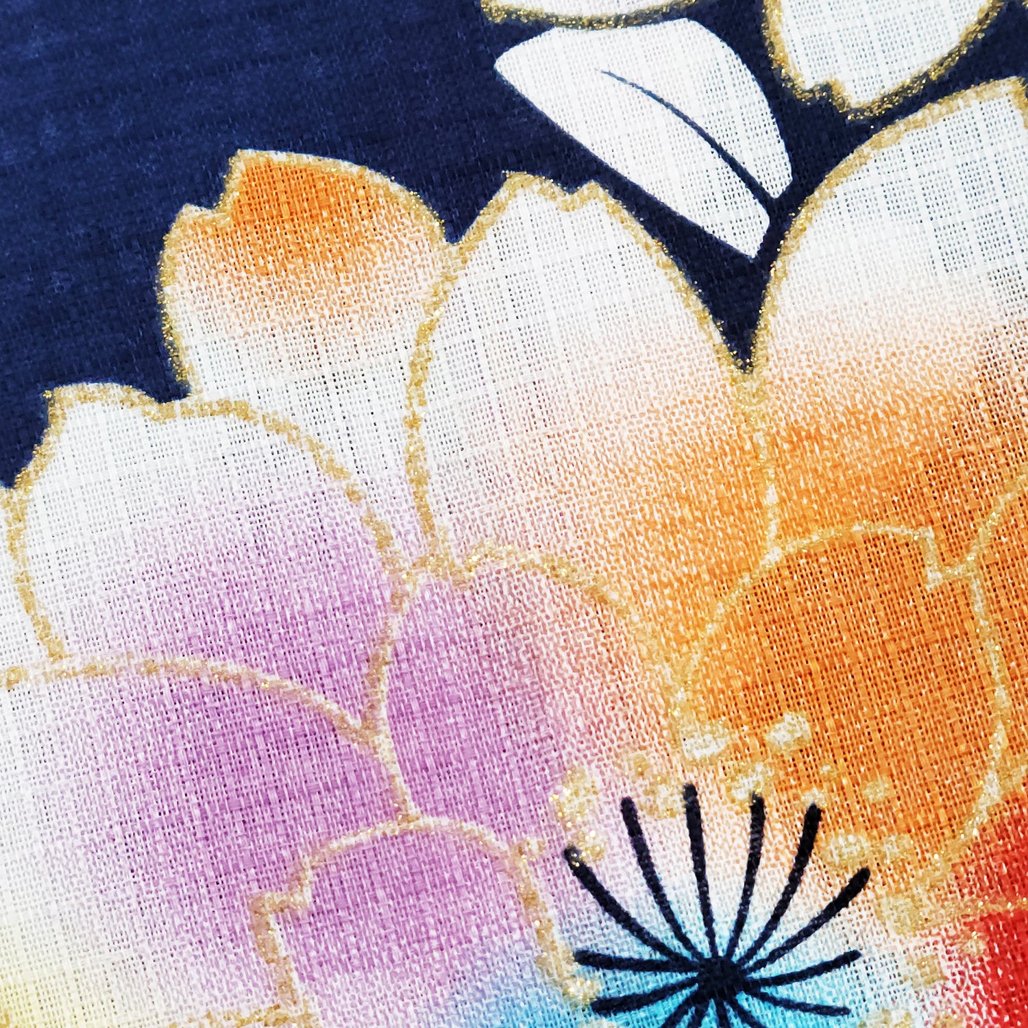 Women's Japanese Yukata Kimono - Rainbow Cherry Blossoms in Navy Blue