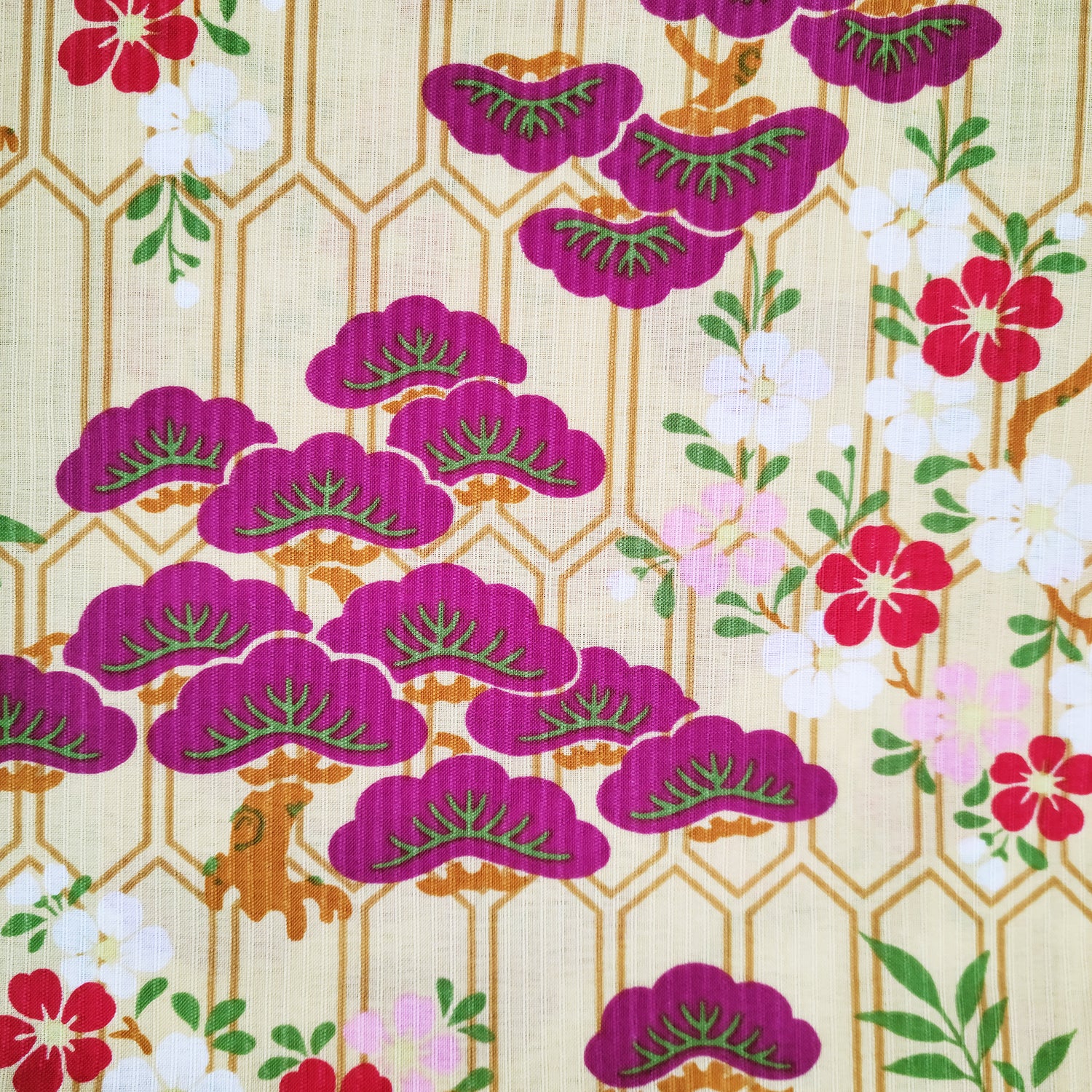 Women's Japanese Traditional Yukata Kimono - Three Friends of Winter in Yellow