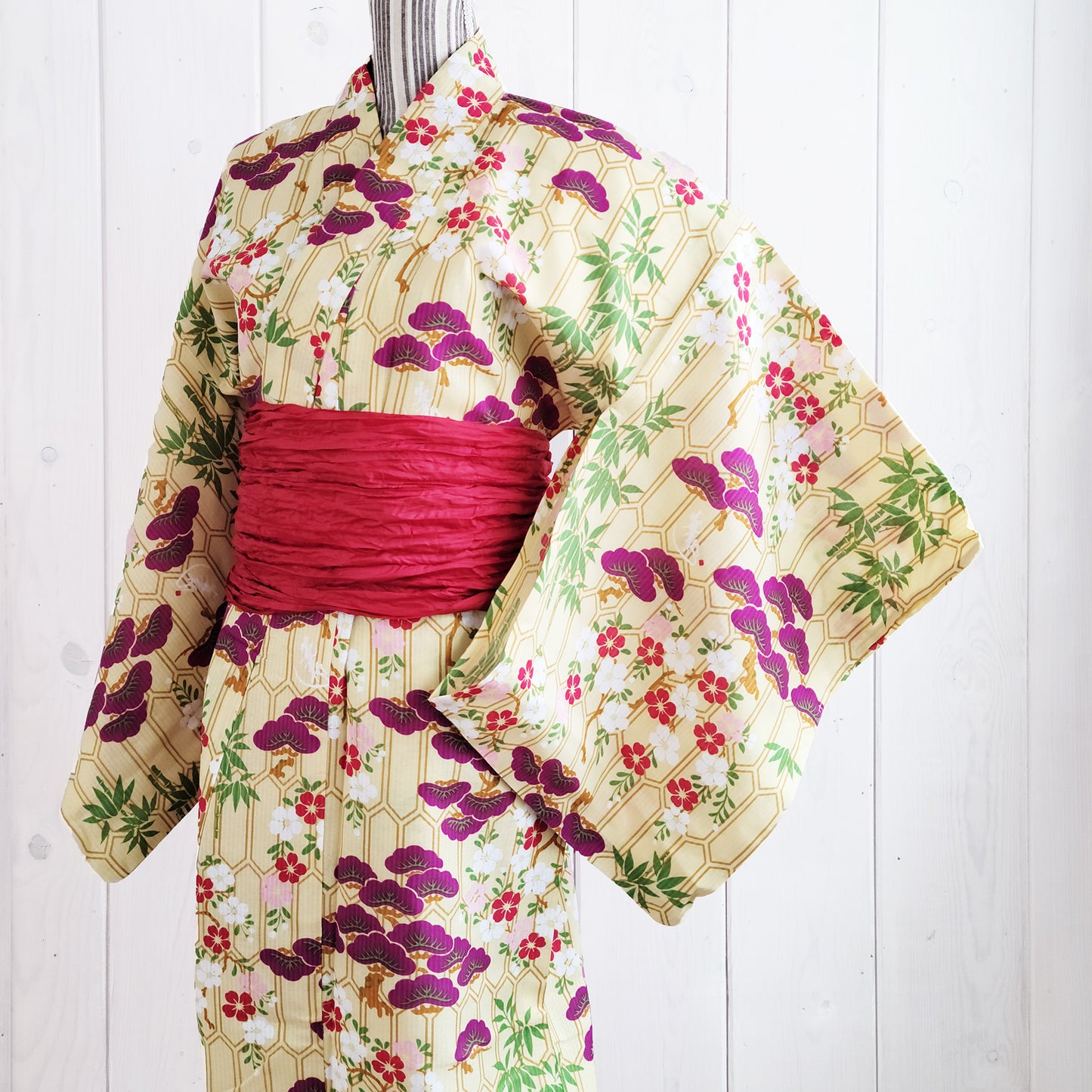 Women's Japanese Traditional Yukata Kimono - Three Friends of Winter in Yellow