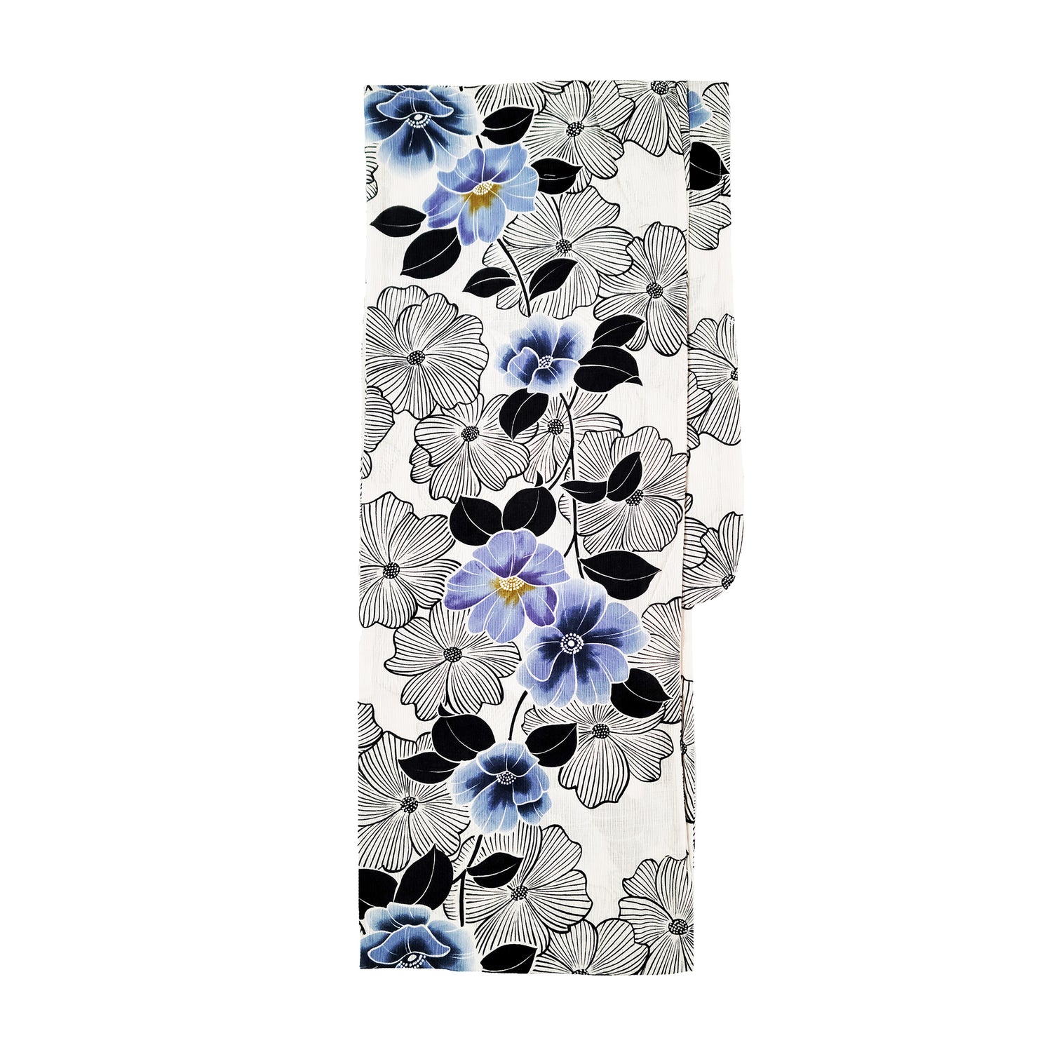 Women's Japanese Yukata Kimono - Blue Camellia Flowers in Beige