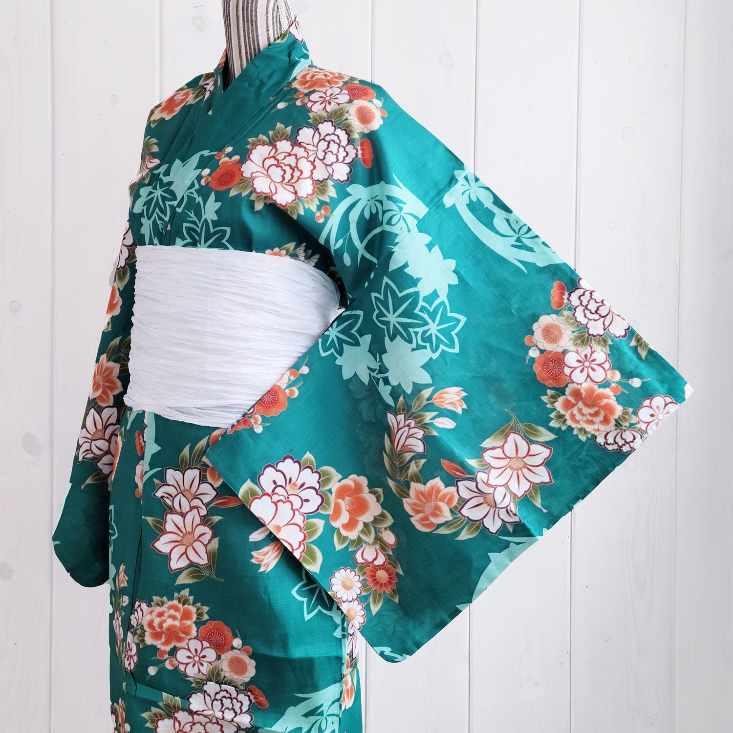 Women's Traditional Japanese Yukata Kimono Plus Size - Orange Flowers in Green
