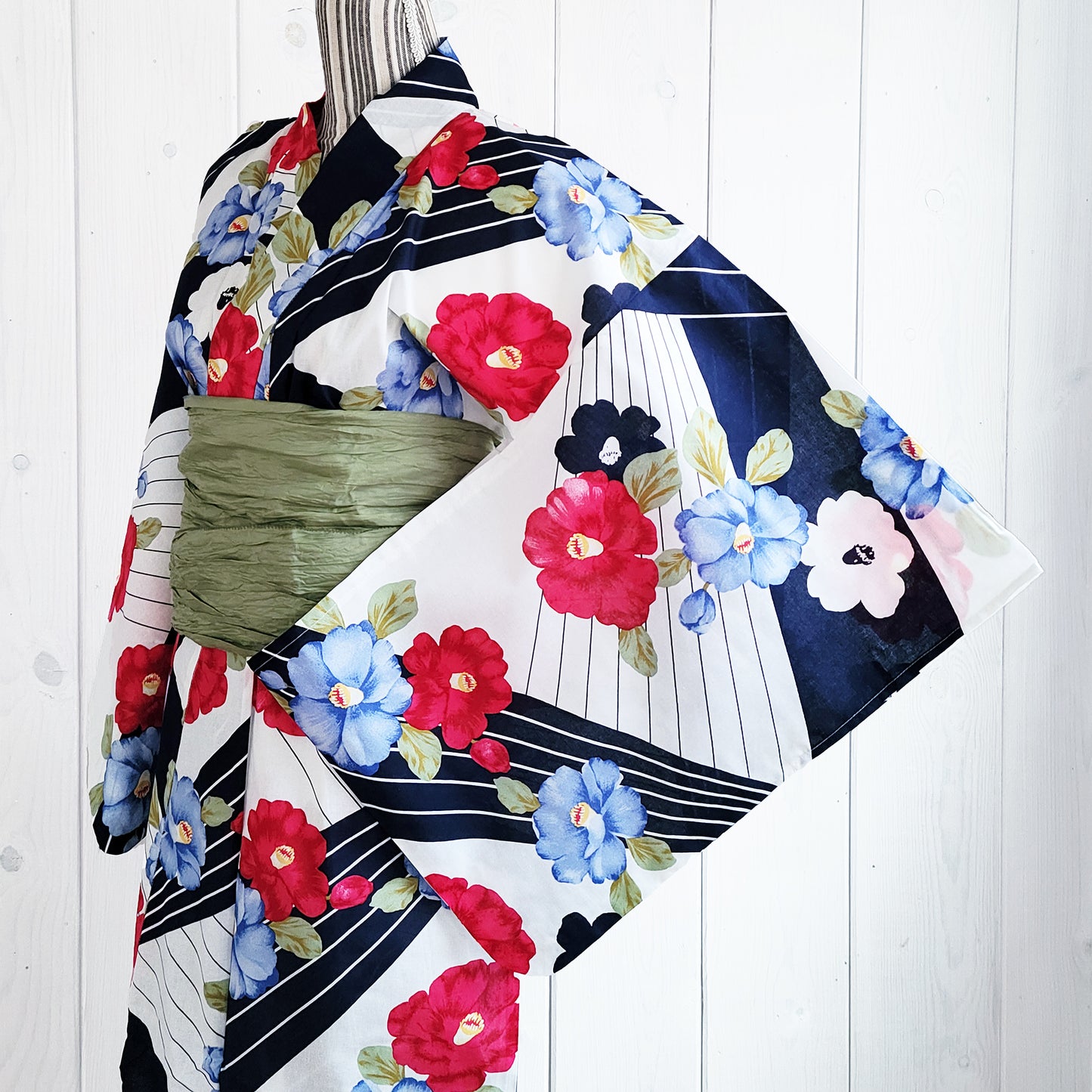 Women's Japanese Traditional Yukata Kimono - Camellia Flowers in Diagonal Stripes Navy