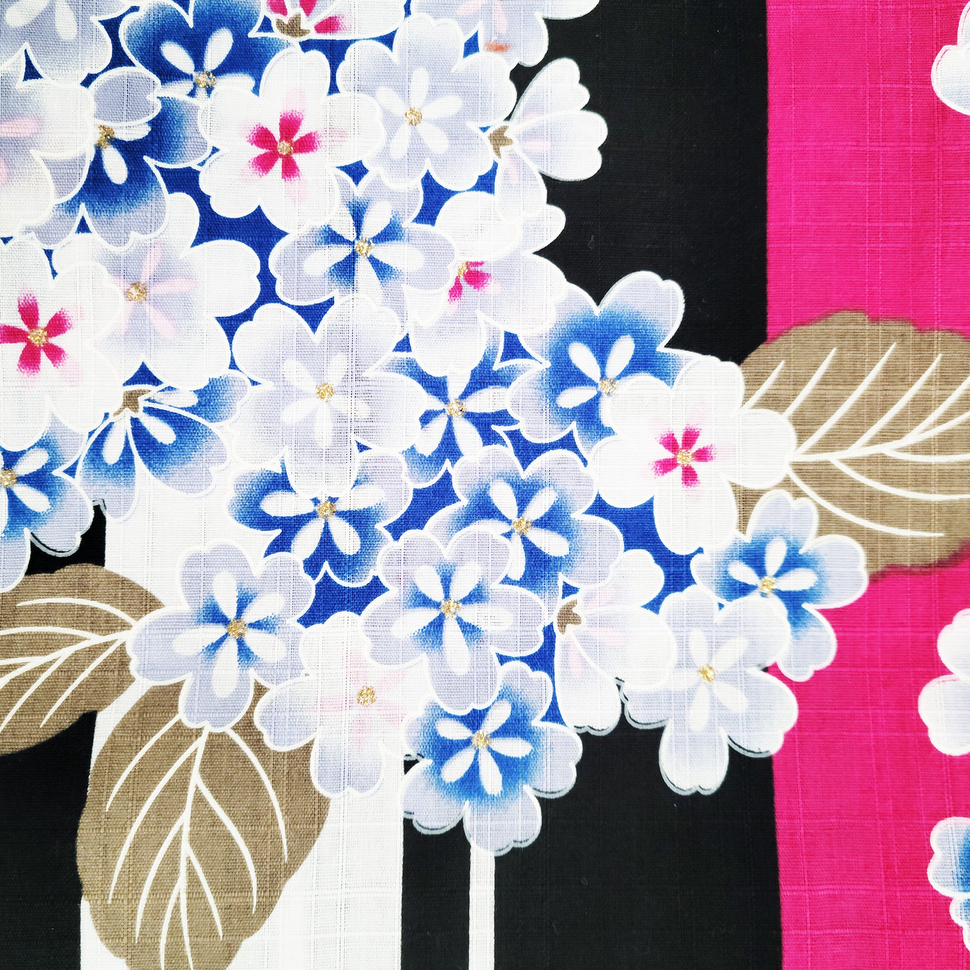 Women's Japanese Traditional Yukata Kimono Petite Size - Hydrangea in Pink, Black, and White Stripes