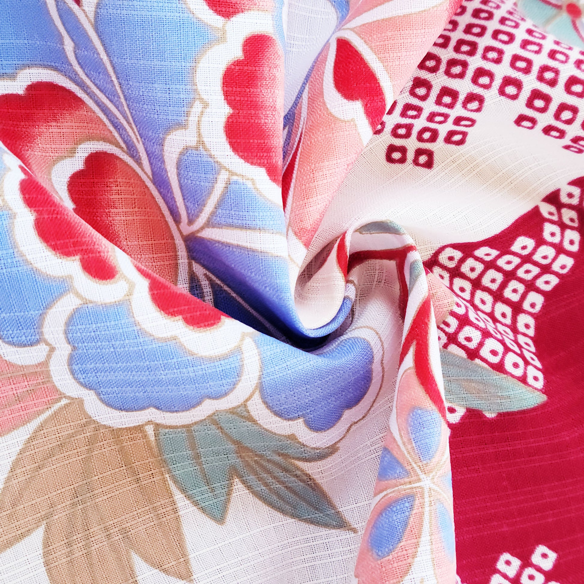 Japanese Yukata Kimono - Multicolored Flowers in Red and Beige