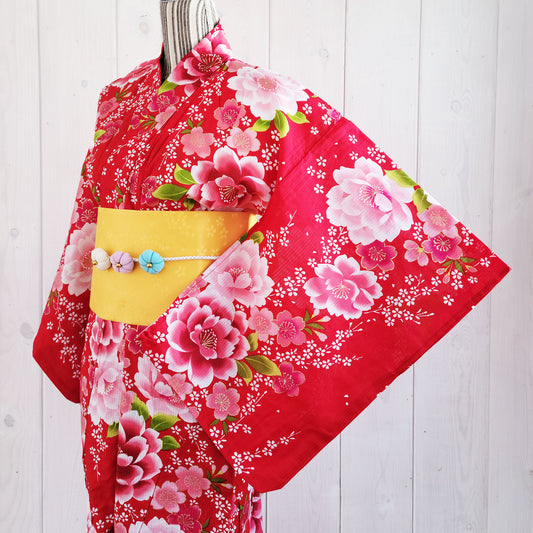 Japanese Yukata Kimono - Peony and Cherry Blossom in Red