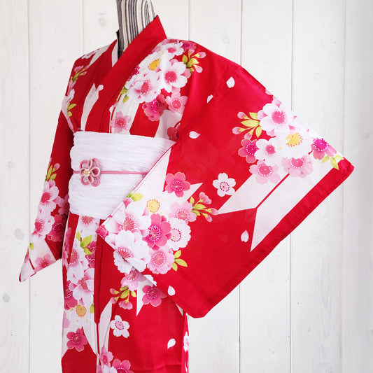 Japanese Yukata Kimono - Pink Cherry Blossoms in Red