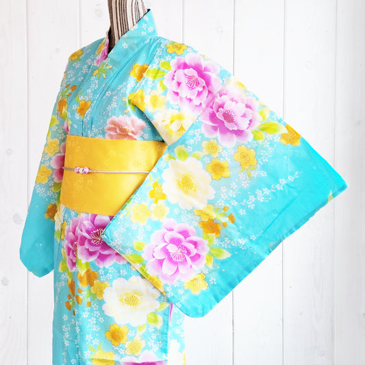 Japanese Yukata Kimono - Peony and Cherry Blossom in Sky Blue