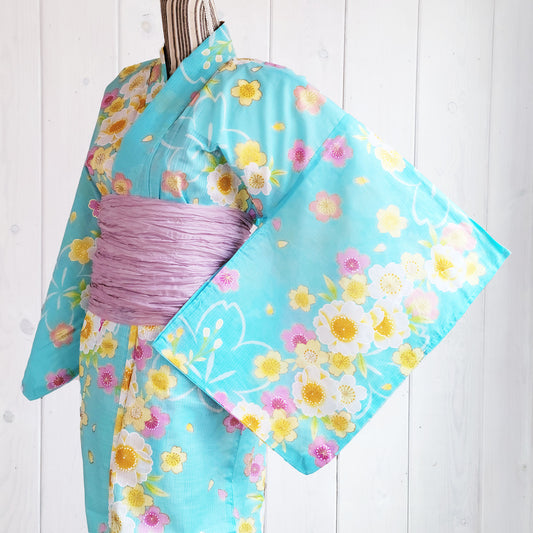 Japanese Yukata Kimono - Multicolored Cherry Blossom in Sky Blue