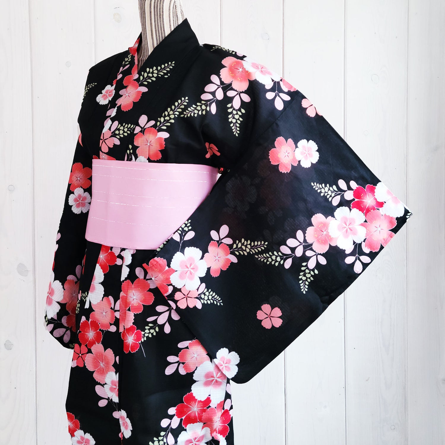 Japanese Yukata Kimono - Pink Plum Blossoms in Black