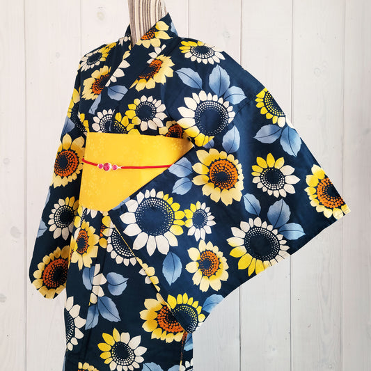Japanese Yukata Kimono - Sunflowers in Indigo Blue