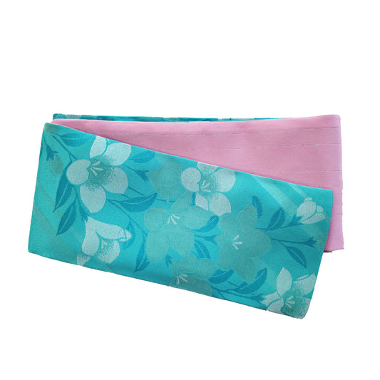 Japanese Flat Obi Belt - Bellflower Turquoise and Pink