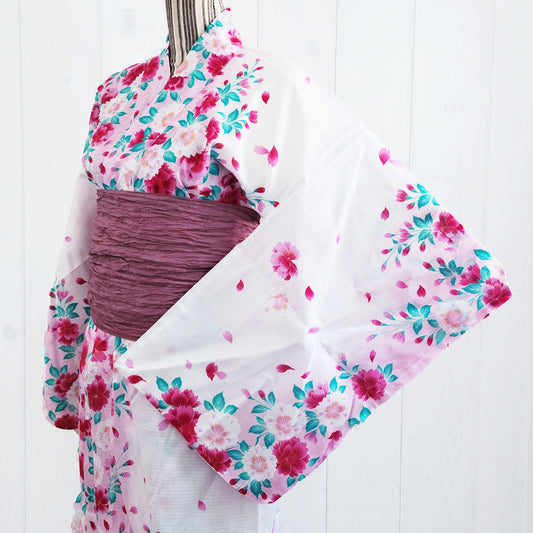 Japanese Yukata Kimono - Pink Cherry Blossoms in White