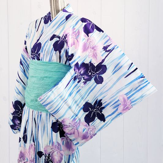 Japanese Yukata Kimono - Pink and Purple Irises in White
