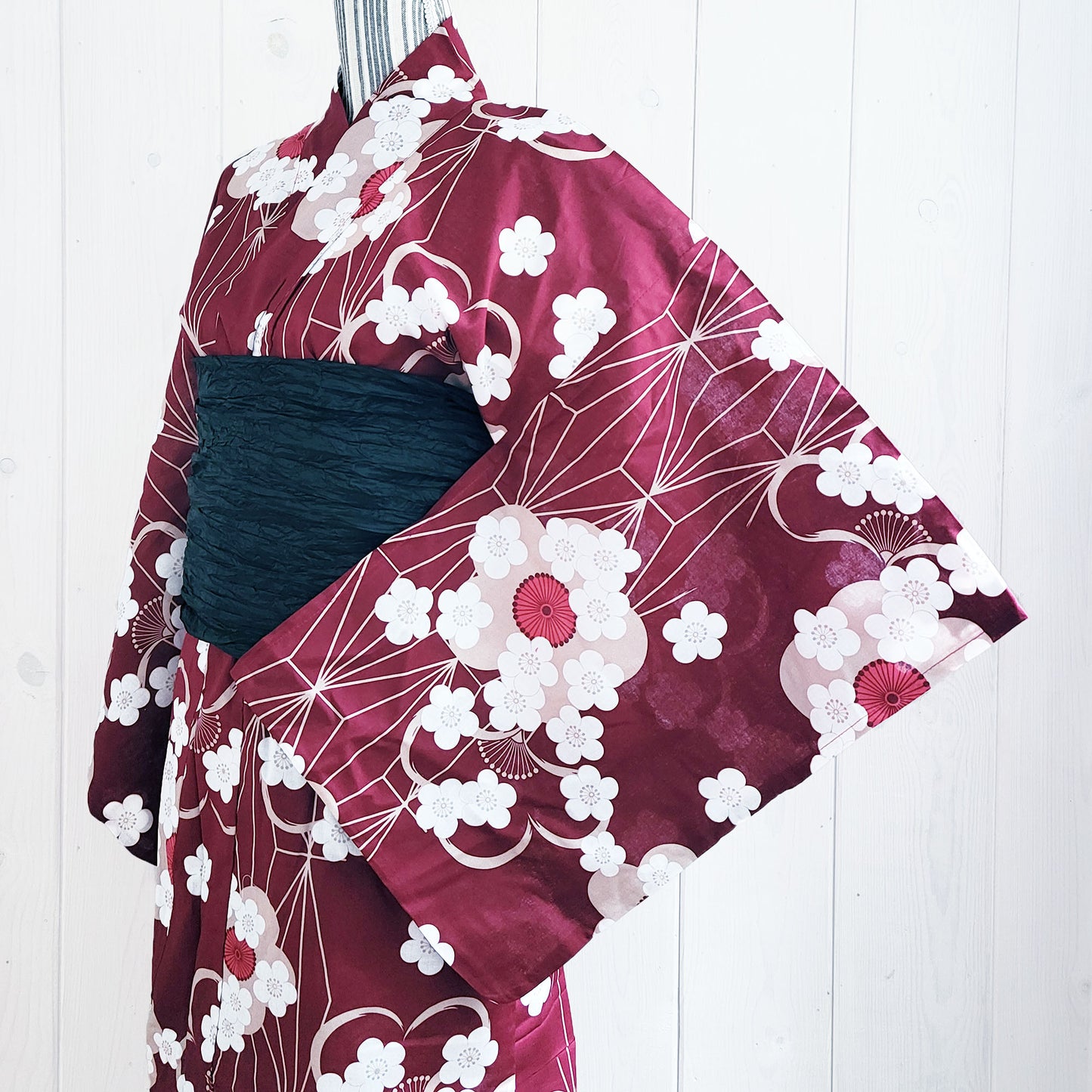 Traditional Japanese Yukata Kimono - White Plum Blossoms in Maroon
