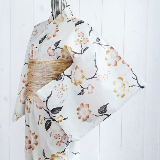 Traditional Japanese Yukata Kimono - Orange Cherry Blossoms in White