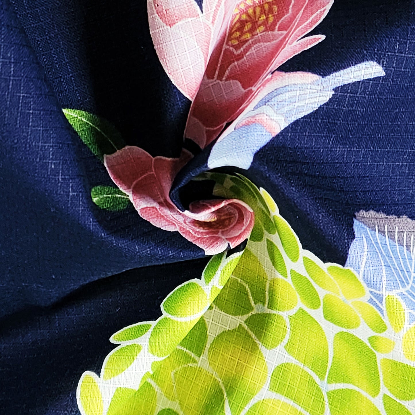 Japanese Yukata Kimono - Spring Flowers and Birds in Navy Blue