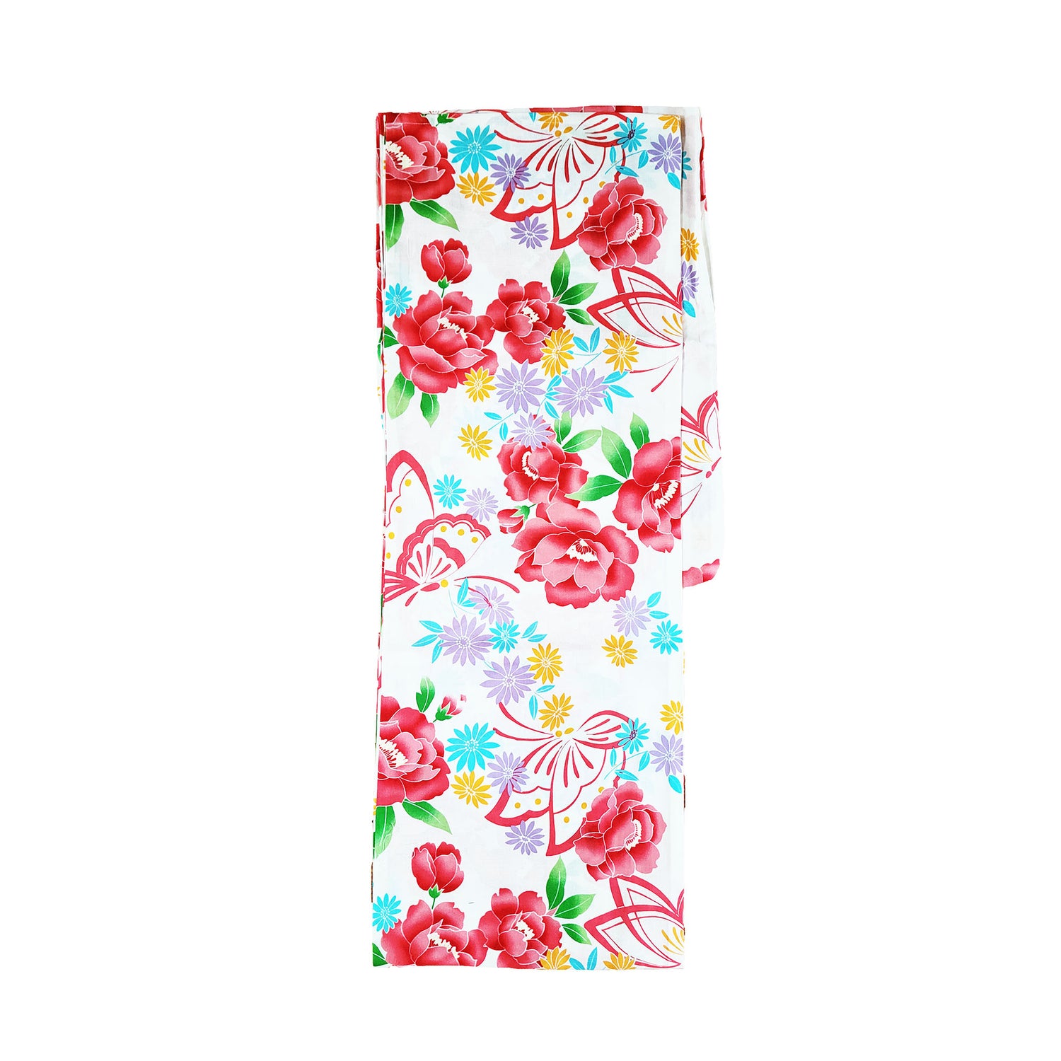 Japanese Yukata Kimono - Red Camellia and Butterflies in White
