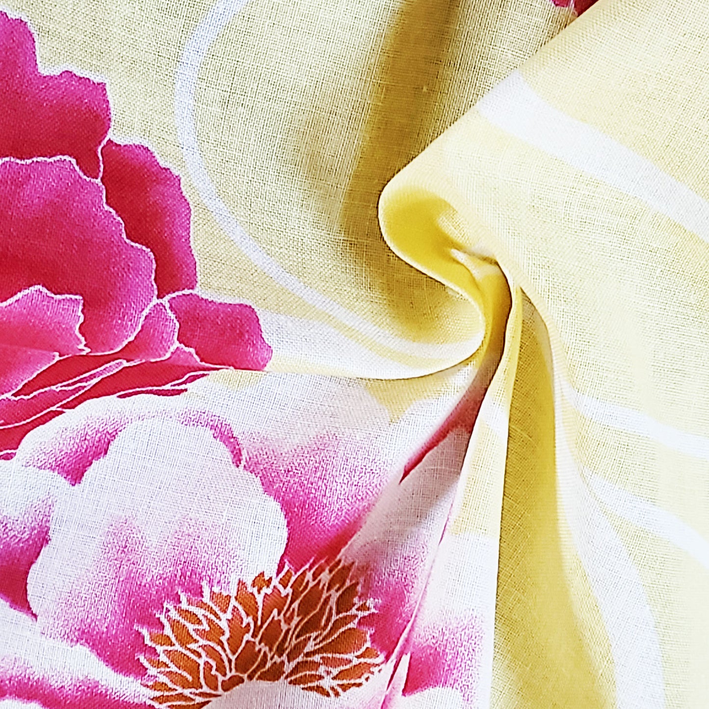 Japanese Yukata Kimono - Hot Pink Camellias in Yellow