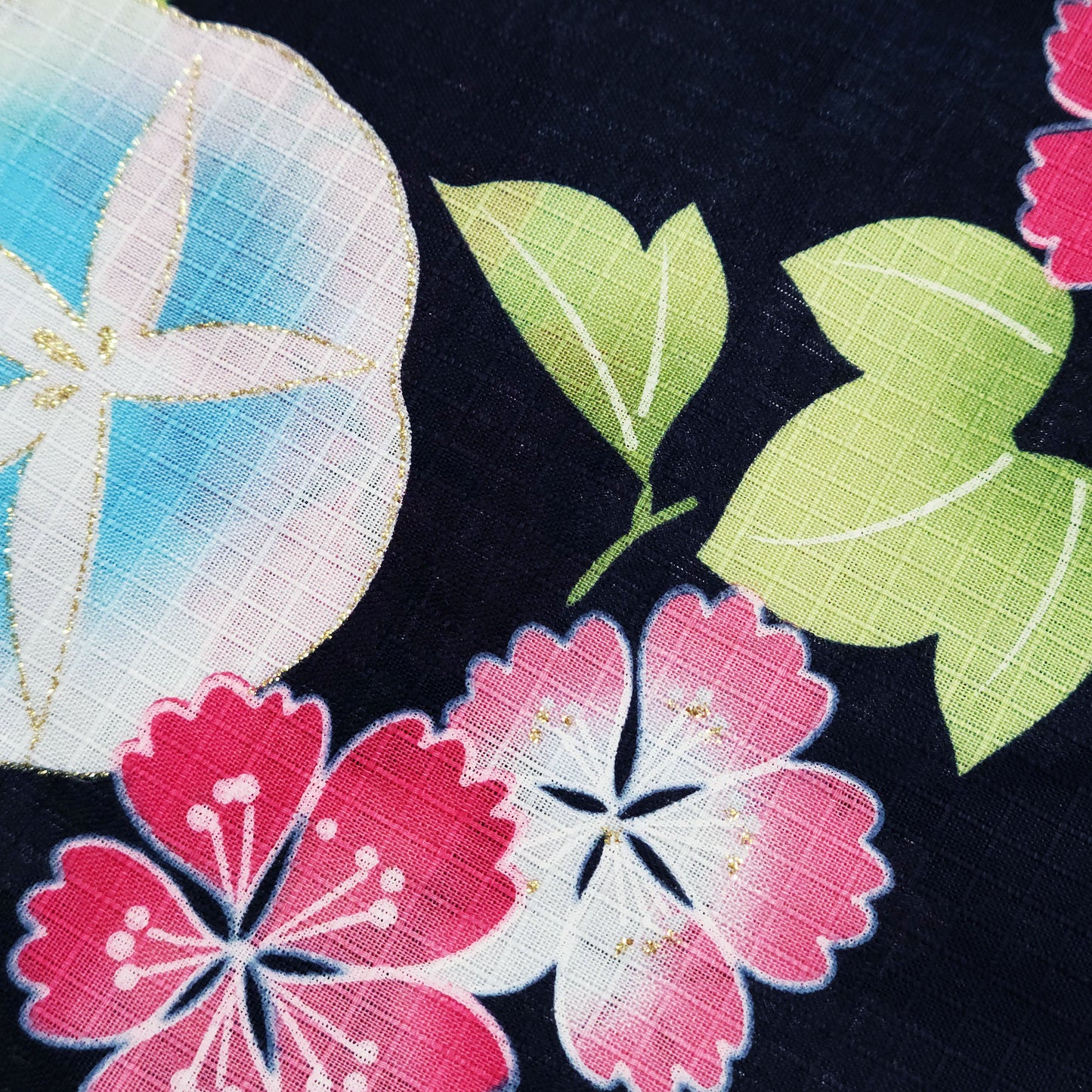 Yukata Kimono Gift Set - Colorful Morning Glory and Cherry Blossom in Black