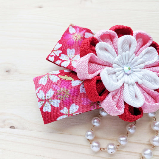 Chrysanthemum Hair Clip with Ribbons - Red Pink