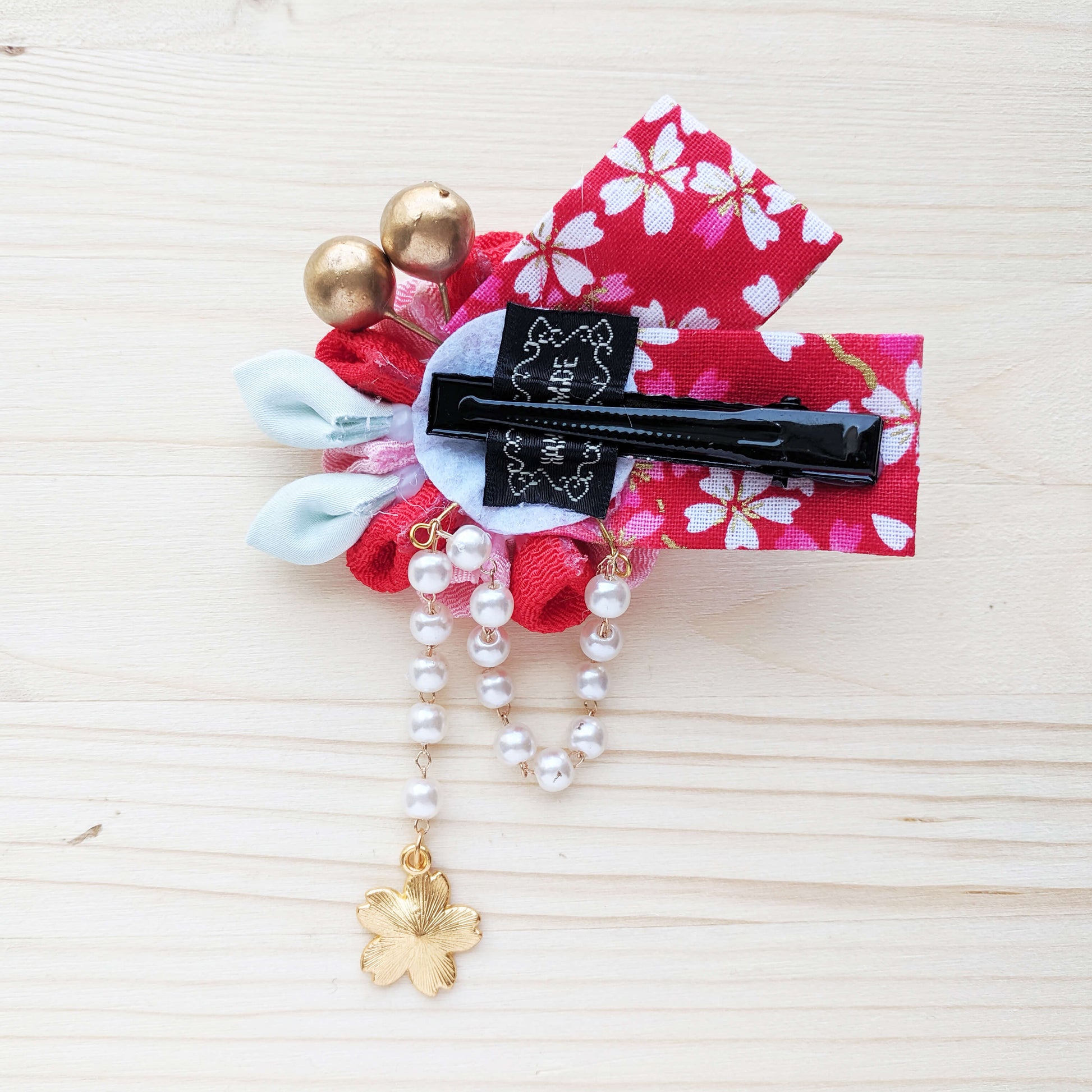Chrysanthemum Hair Clip with Ribbons - Red Pink
