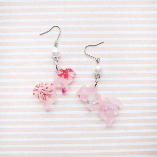 Dangle Gold Fish Earrings by Cocoluck - Pink