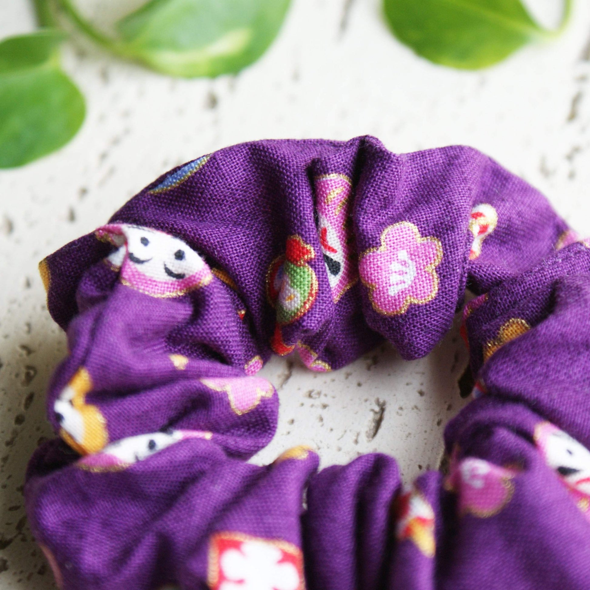 Daruma Doll Elastic Hair Scrunchie in Purple - Closeup