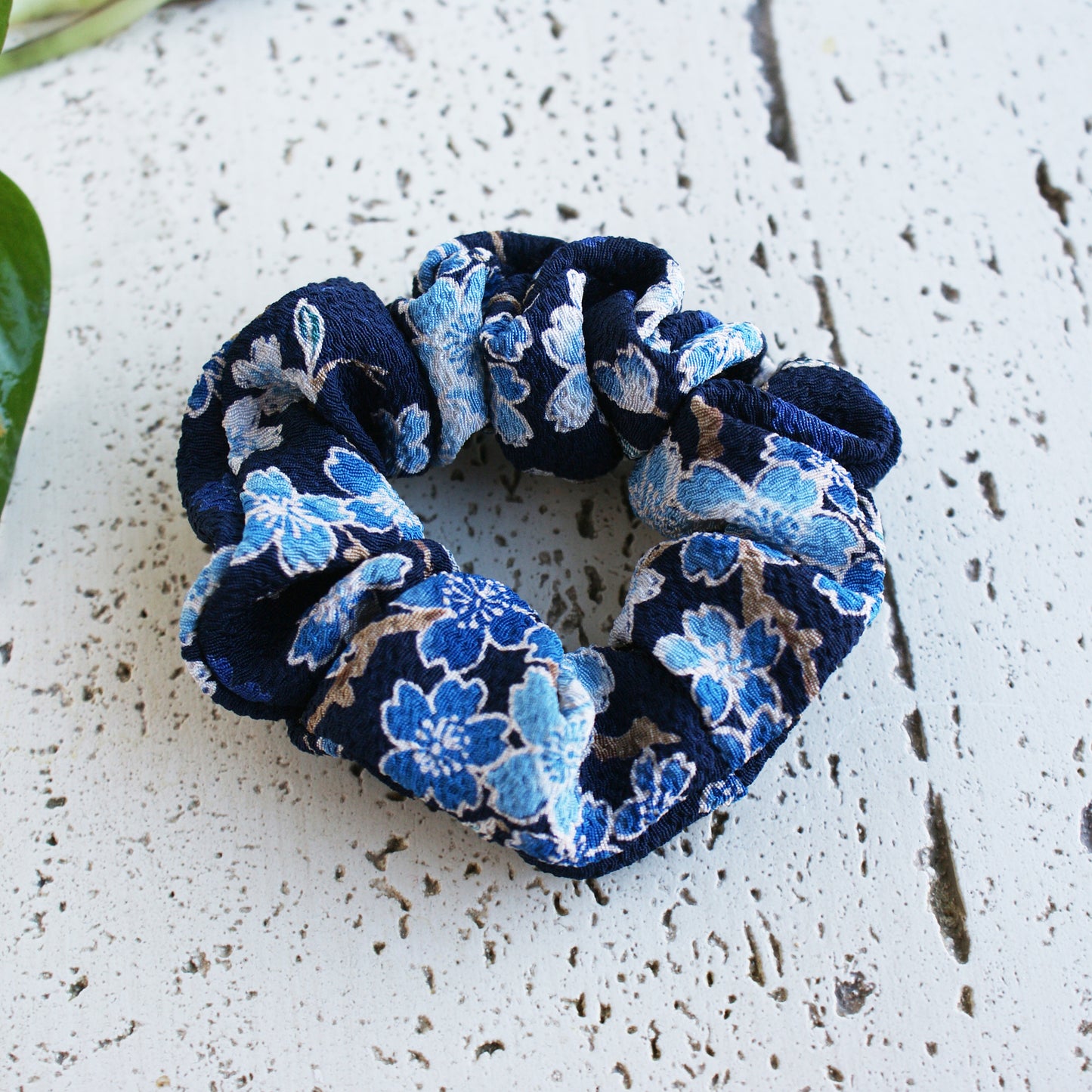Fabric Scrunchie - Cherry Blossoms Black/Blue