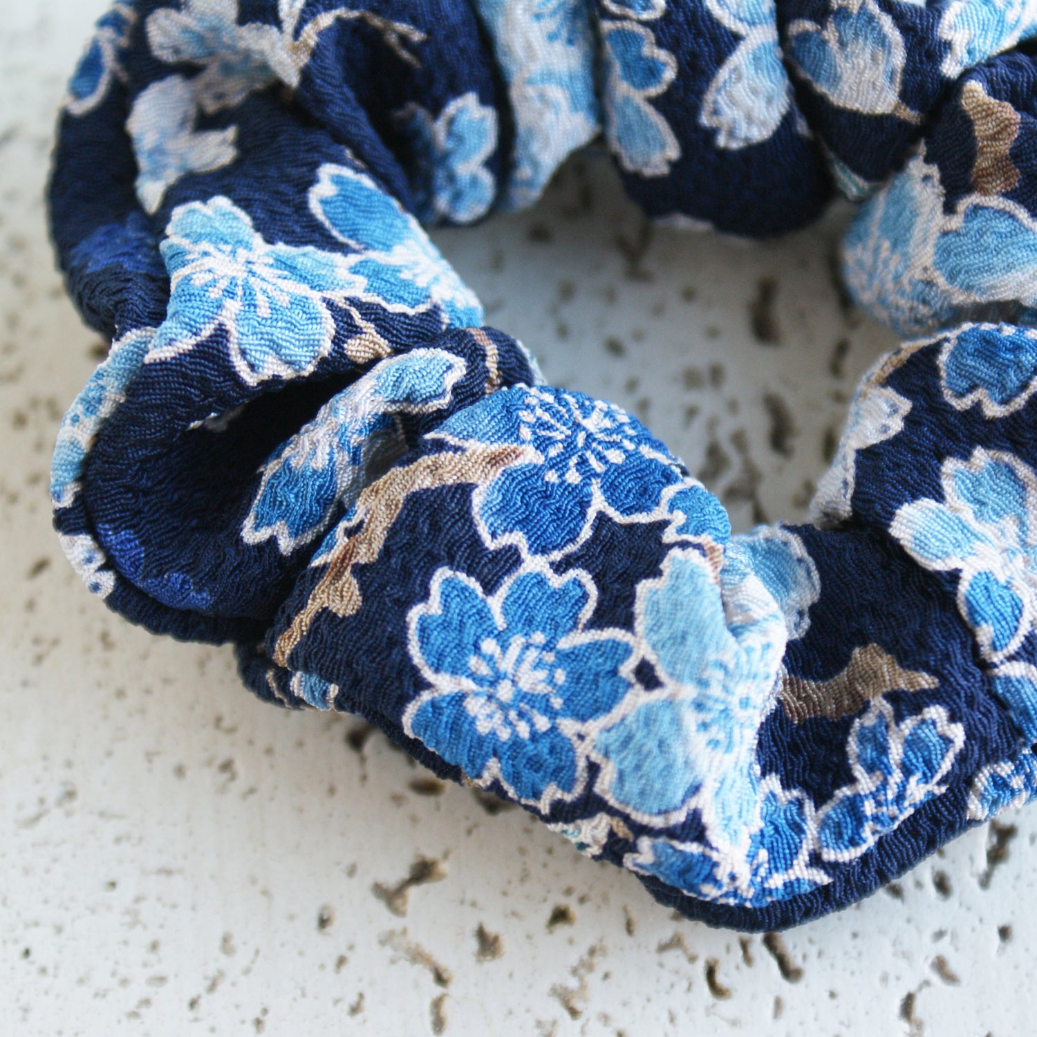 Fabric Scrunchie - Cherry Blossoms Black/Blue