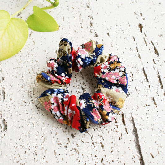 Fabric Scrunchie - Cherry Blossoms in Blue, Red, Gold