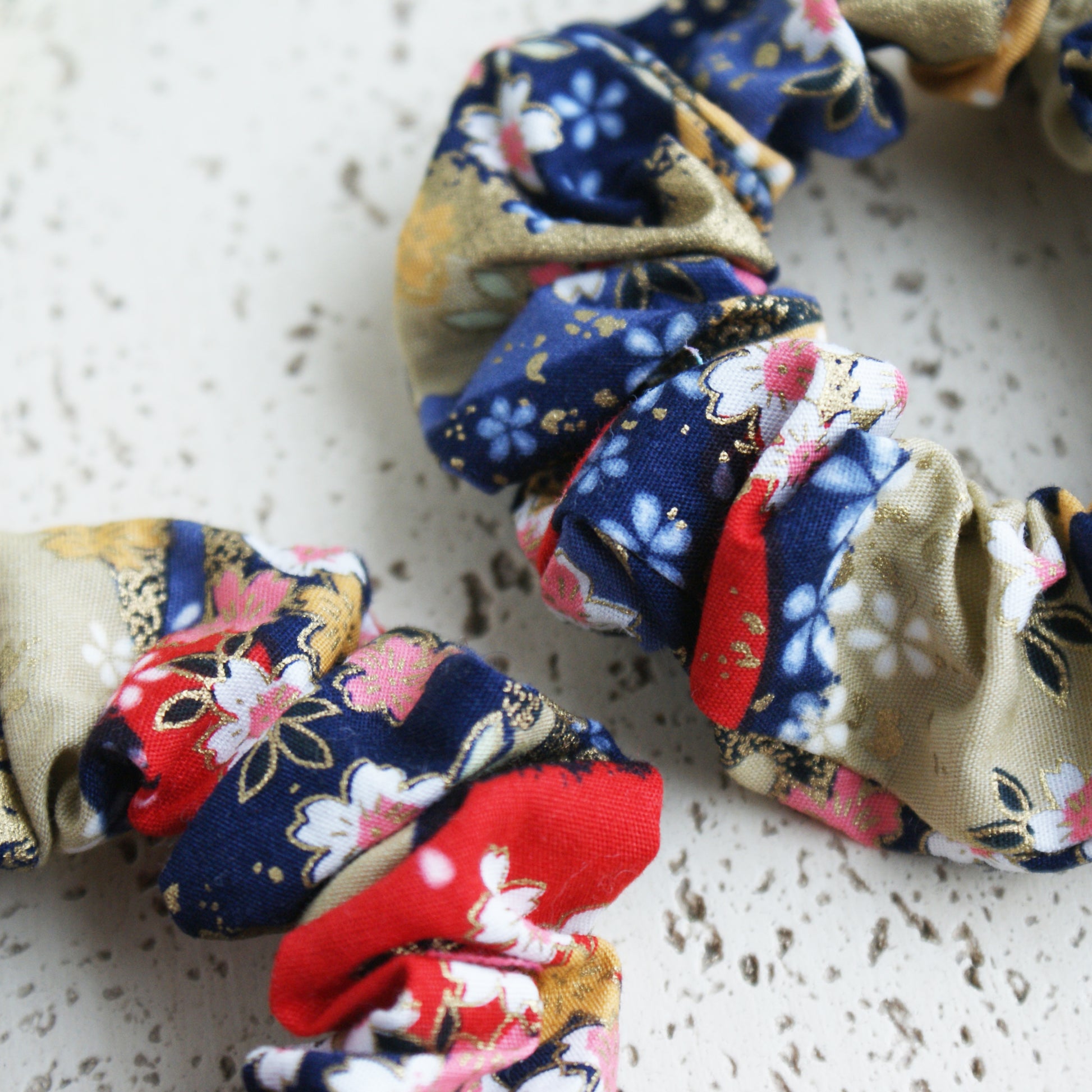 Fabric Scrunchie - Cherry Blossoms in Blue, Red, Gold