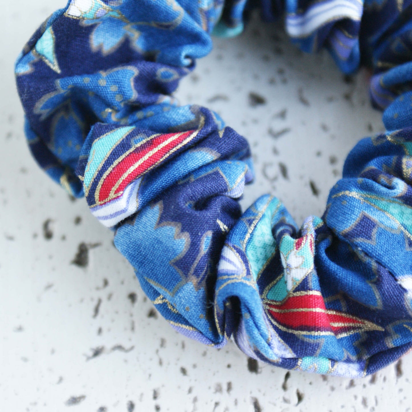 Fabric Scrunchie - Cherry Blossoms in Dark Blue Gold Multi