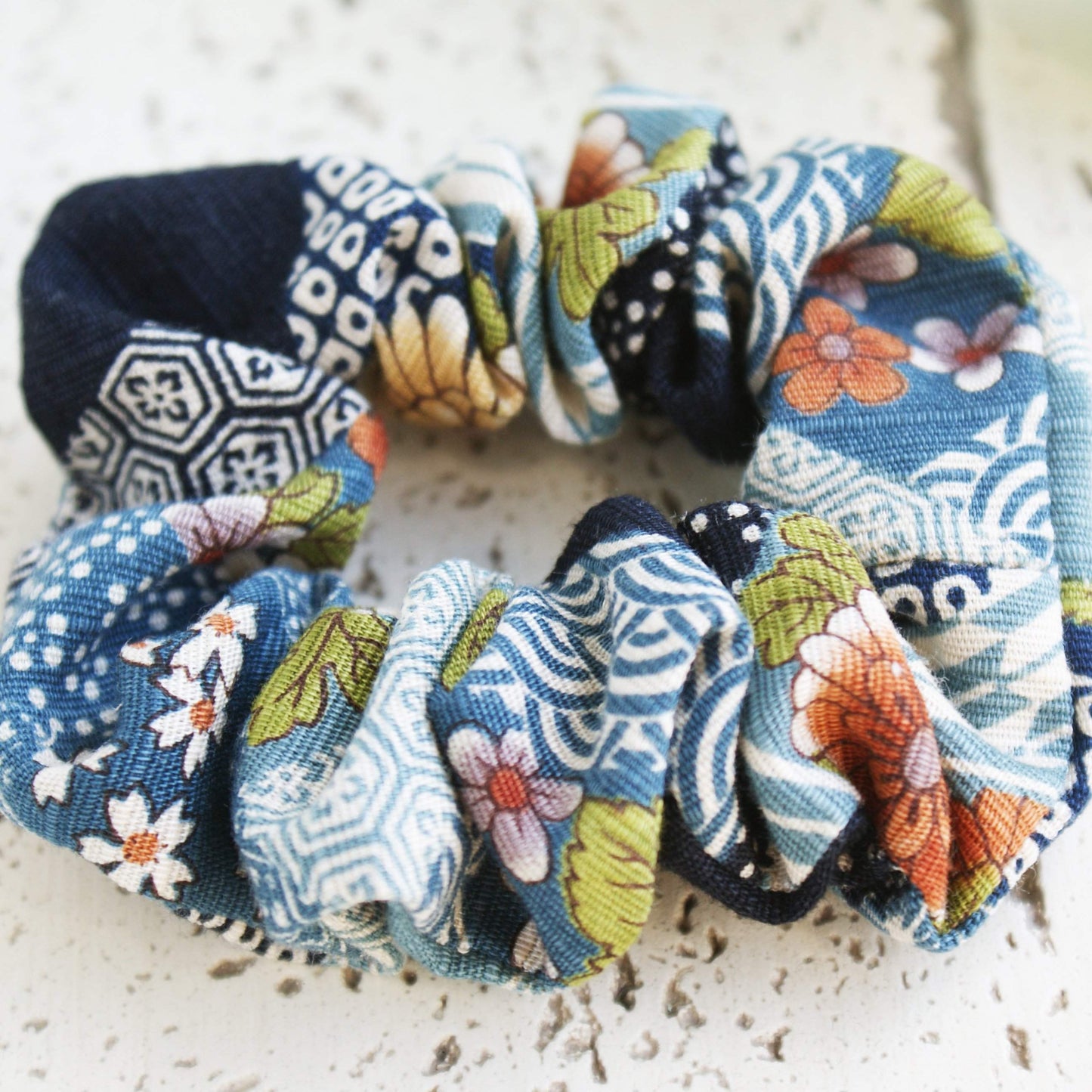 Fabric Scrunchie - Floral Blue Closeup