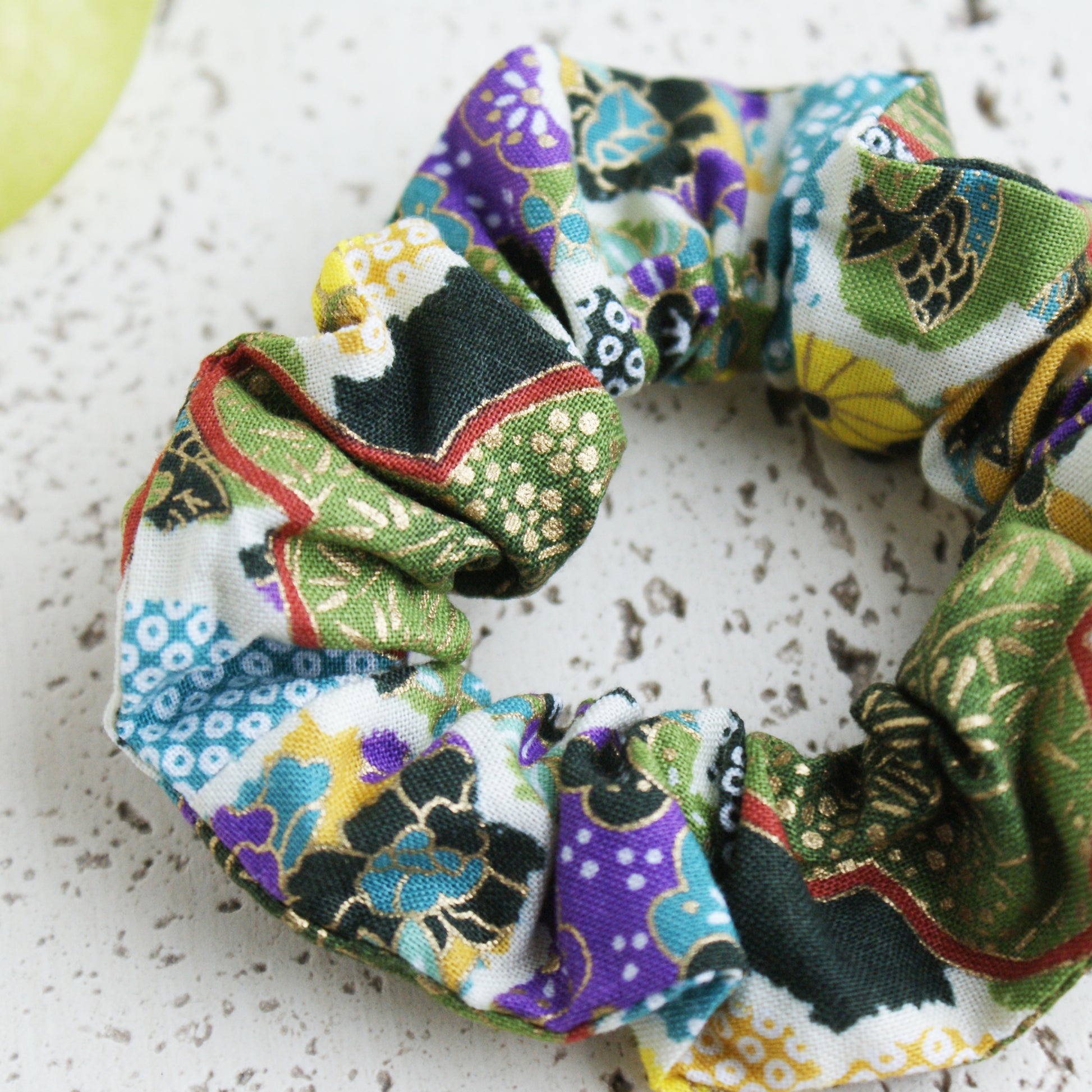 Fabric Scrunchie - Japanese Flowers in Green Multi