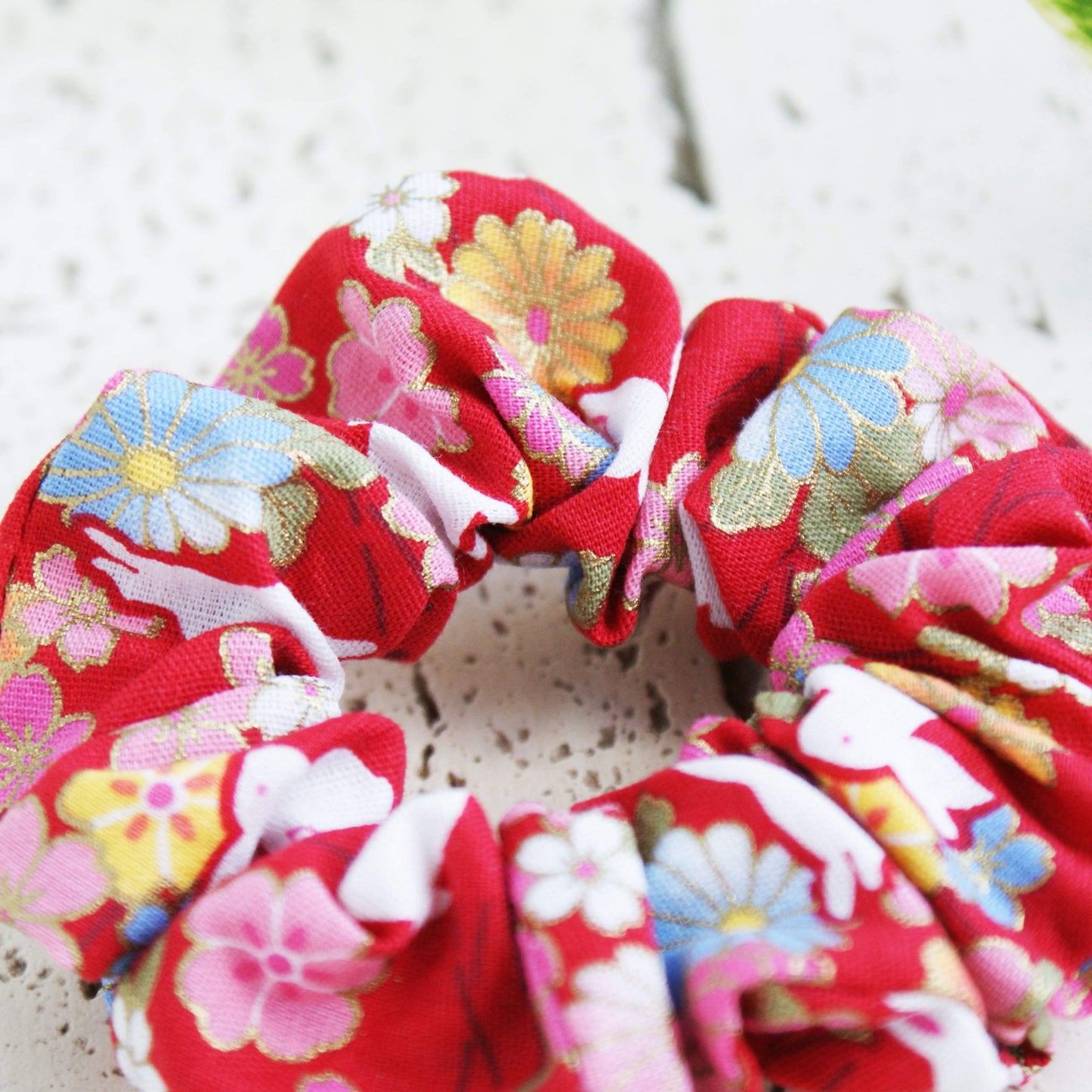 Fabric Scrunchie Cherry Blossoms and Moon Bunnies in Red - Kimono Hair Accessories - Closeup