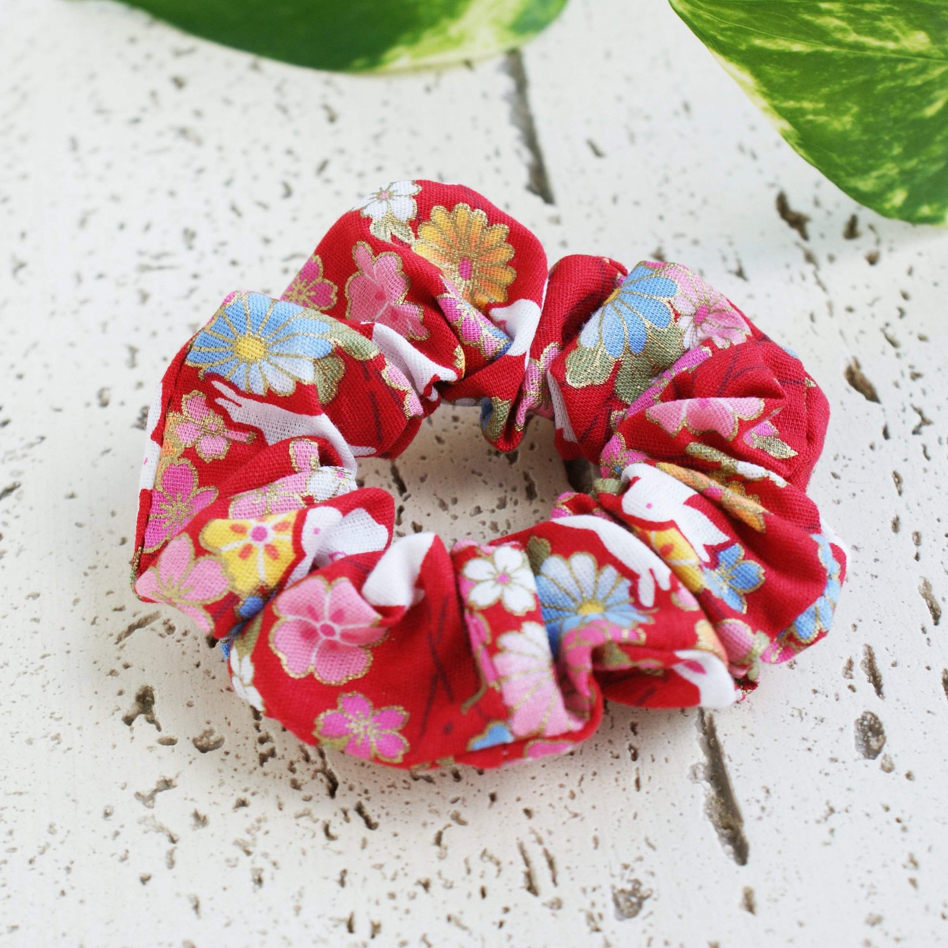 Fabric Scrunchie Cherry Blossoms and Moon Bunnies in Red - Kimono Hair Accessories