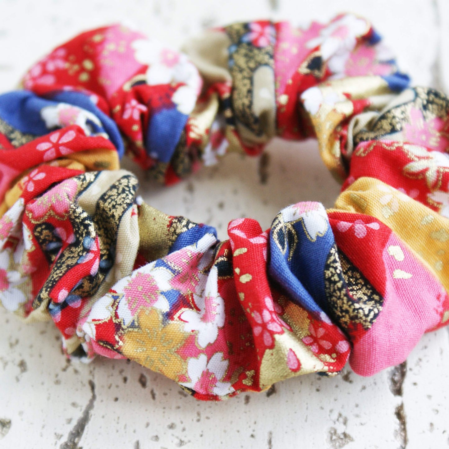 Fabric Scrunchie - Cherry Blossoms in Red Gold Multi ( Discontinued )-