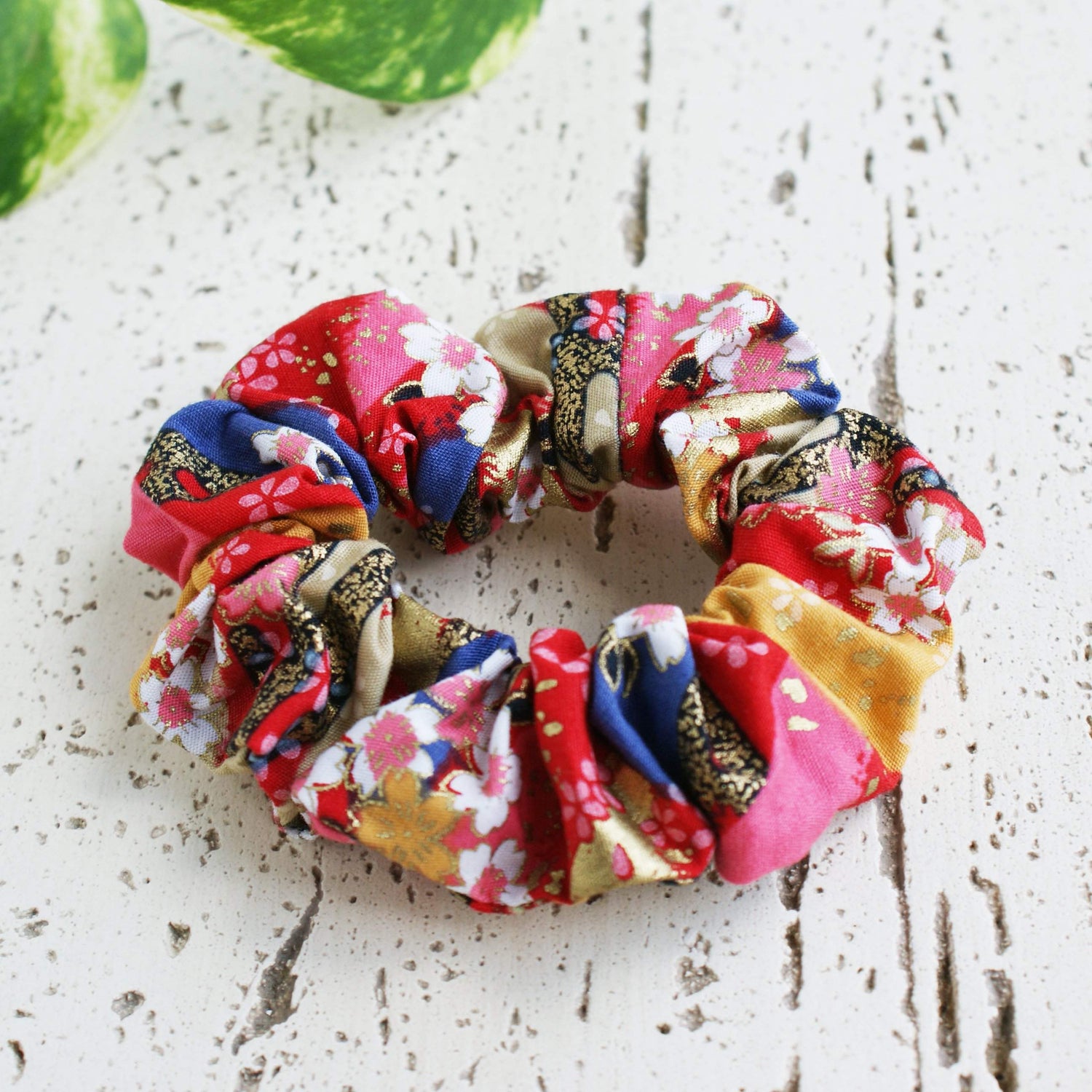 Fabric Scrunchie Cherry Blossoms in Red Gold Multi for Kimonos