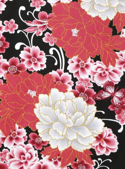 GRL Yukata - Peony and Cherry Blossom Black Pattern
