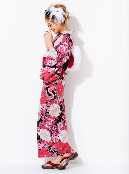GRL Yukata - Peony and Cherry Blossom Black Model