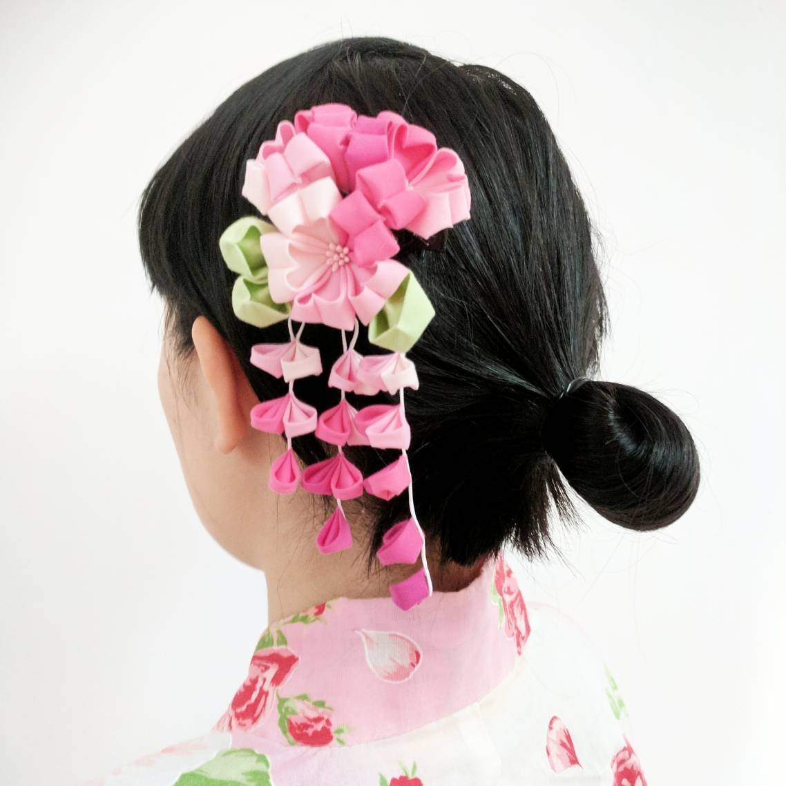Geisha Cherry Blossoms Fabric Hair Ornament for Kimonos with model