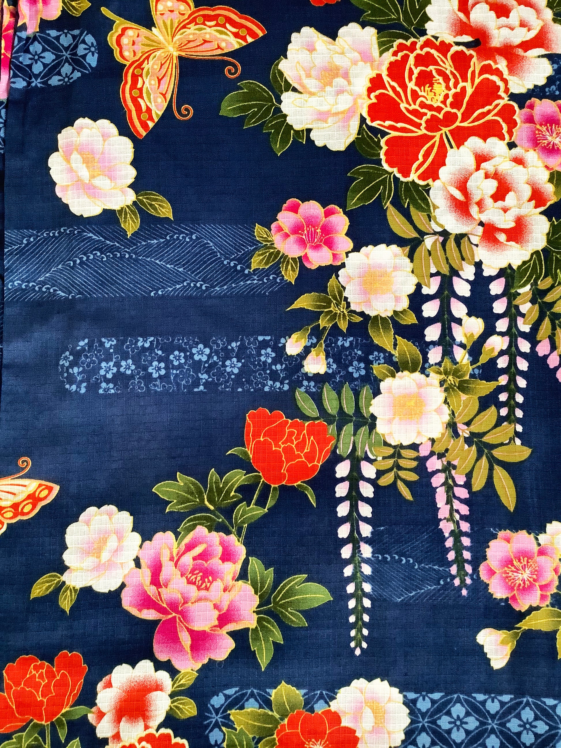 Yukata Kimono - Peony Flowers and Butterflies Blue