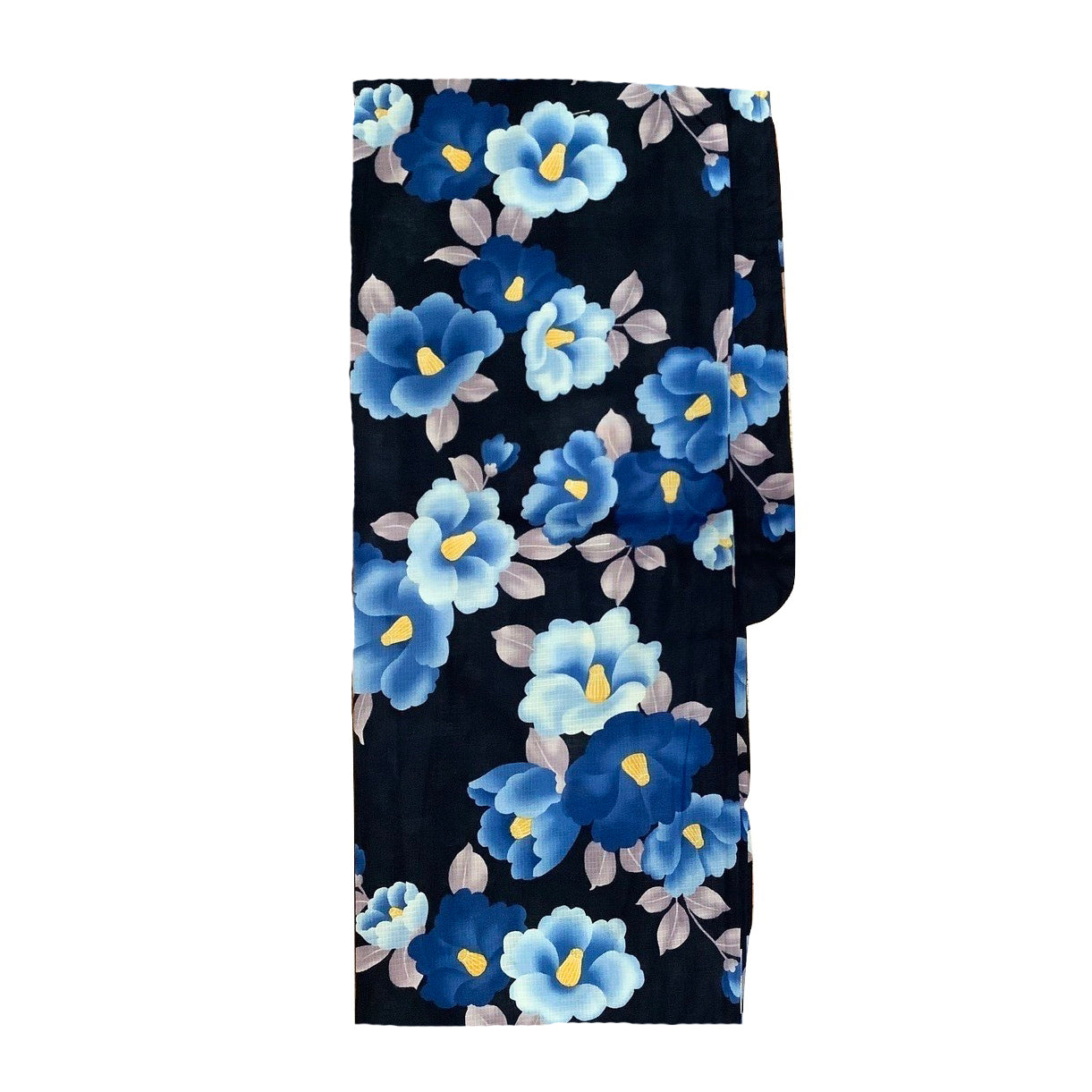 Yukata Kimono - Blue Camellia Flowers Black